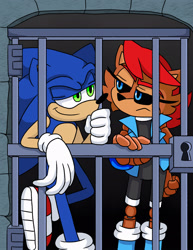 Size: 1582x2048 | Tagged: safe, artist:kittytale, sally acorn, sonic the hedgehog, chipmunk, hedgehog, alternate universe, au:all in (kittytale), duo, indoors, jail, looking at each other, male, not amused, redraw, roboticized, sally x sonic, sally's ringblader outfit, shipping, standing, straight