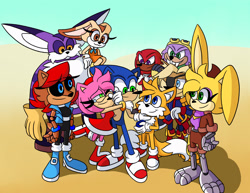 Size: 2048x1582 | Tagged: safe, artist:kittytale, amy rose, antoine d'coolette, big the cat, bunnie rabbot, cream the rabbit, knuckles the echidna, miles "tails" prower, rotor walrus, sally acorn, sonic the hedgehog, cat, chipmunk, coyote, echidna, fox, hedgehog, rabbit, walrus, 2026, alternate universe, au:all in (kittytale), daytime, eyebrow clipping through hair, female, freedom fighters, group, hand on another's shoulder, hand on hip, hugging, looking at each other, male, redraw, roboticized, smile, smiling at each other, tears, tears of happiness