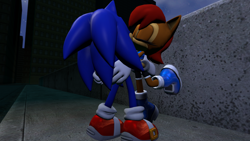Size: 1366x768 | Tagged: safe, artist:migueruchan, sally acorn, sonic the hedgehog, chipmunk, hedgehog, 2014, 3d, building, duo, eyes closed, gmod, hugging, kiss, looking at each other, male, nighttime, sally x sonic, sally's ringblader outfit, shipping, sidewalk, star (sky), straight