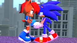 Size: 1920x1080 | Tagged: safe, artist:nintenjordan, artist:yoshiyoshi700, sally acorn, sonic the hedgehog, chipmunk, hedgehog, 2019, 3d, building, daytime, duo, gmod, holding hands, looking at each other, male, sally x sonic, sally's ringblader outfit, shipping, skyscraper, smile, smiling at each other, straight, window