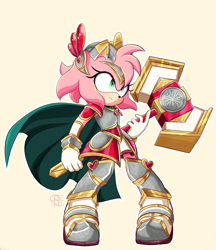 Size: 1869x2160 | Tagged: safe, artist:frizerose, amy rose, hedgehog, 2022, alternate outfit, armor, female, holding something, knight armor, looking offscreen, paladin amy, simple background, solo, weapon, yellow background