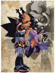 Size: 1200x1600 | Tagged: safe, artist:galaxynite, nicole the hololynx, shard the metal, lynx, 2017, abstract background, blushing, duo, eyes closed, floating, heart, heart eyes, kiss, kiss on head, male, mid-air, nicole x shard, nicole's purple wraps, robot, shipping, smile, straight