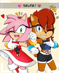 Size: 1021x1259 | Tagged: safe, artist:sallyrose975, amy rose, sally acorn, shadow the hedgehog, sonic the hedgehog, chipmunk, hedgehog, 2025, duo, english text, female, grin, heart, holding something, keychain, looking at viewer, open smile, pose, sally's ringblader outfit, selfie, smile, smiling at viewer, star (symbol), wink