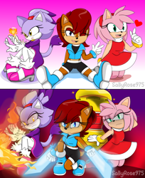 Size: 2843x3490 | Tagged: safe, artist:sallyrose975, amy rose, blaze the cat, sally acorn, cat, chipmunk, hedgehog, 2024, crouching, female, fighting pose, fire, heart, holding something, looking at viewer, looking offscreen, piko piko hammer, pose, sally's ringblader outfit, simple background, sitting, smile, sparkles, trio, v sign, weapon, wink
