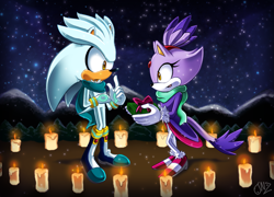 Size: 1397x1004 | Tagged: safe, artist:jovialnightz, blaze the cat, silver the hedgehog, cat, hedgehog, 2016, blaze x silver, candle, duo, gift box, giving object, holding something, jacket, looking at viewer, male, mountain, nighttime, scarf, shipping, snowing, straight, winter