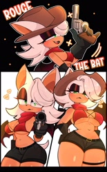 Size: 1680x2705 | Tagged: suggestive, artist:dai_honeys, rouge the bat, bat, aiming, bikini top, clothes, cowboy hat, female, gloves, gun, hat, heart, holding something, looking at viewer, one fang, revolver, scarf, shorts, smile, smiling at viewer, solo, weapon