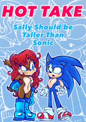 Size: 2459x3481 | Tagged: safe, artist:jokingjesterjj, sally acorn, sonic the hedgehog, chipmunk, hedgehog, 2026, duo, english text, female, long hair, looking at each other, male, no vest, sally x sonic, sally's vest and boots, shipping, standing, straight, taller