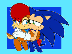 Size: 1280x963 | Tagged: safe, artist:howteyoarts, sally acorn, sonic the hedgehog, chipmunk, hedgehog, 2023, duo, female, hugging, looking at each other, male, redraw, sally x sonic, sally's vest and boots, shipping, simple background, smile, smiling at each other, straight