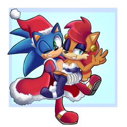 Size: 2000x2000 | Tagged: safe, artist:yoshiyoshi700, sally acorn, sonic the hedgehog, chipmunk, hedgehog, 2025, alternate outfit, cape, carrying them, christmas, clothes, duo, female, looking at viewer, male, sally x sonic, santa hat, shipping, simple background, smile, smiling at viewer, straight, v sign, wink