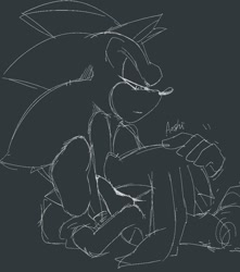 Size: 860x974 | Tagged: safe, artist:aoshibazakura95, knuckles the echidna, sonic the hedgehog, 2025, duo, eyes closed, gay, greyscale, hand on another's head, hugging, knuxonic, lidded eyes, looking at them, lying down, lying on front, monochrome, shipping, simple background, sitting, sketch