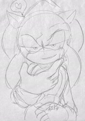 Size: 1442x2048 | Tagged: safe, artist:aoshibazakura95, sonic the hedgehog, 2025, blushing, grey background, greyscale, heart, looking at viewer, monochrome, pencilwork, simple background, sketch, smile, solo, thought bubble, traditional media