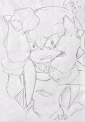 Size: 1436x2048 | Tagged: safe, artist:aoshibazakura95, knuckles the echidna, 2025, grey background, greyscale, hands on own head, heart, monochrome, pencilwork, simple background, sketch, solo, traditional media