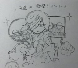 Size: 2048x1806 | Tagged: safe, artist:aoshibazakura95, cubot, orbot, sage, sonic frontiers, 2025, grey background, greyscale, japanese text, looking at viewer, monochrome, pencilwork, robot, simple background, sketch, traditional media, trio