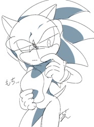 Size: 726x983 | Tagged: safe, artist:aoshibazakura95, sonic the hedgehog, 2025, greyscale, hand on own chest, japanese text, lidded eyes, monochrome, simple background, sketch, solo, standing, white background