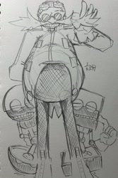 Size: 1372x2048 | Tagged: safe, artist:aoshibazakura95, cubot, orbot, robotnik, 2025, grey background, greyscale, grin, looking at viewer, monochrome, pencilwork, robot, simple background, sketch, smile, standing, traditional media, trio