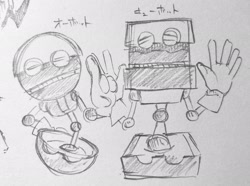 Size: 2048x1520 | Tagged: safe, artist:aoshibazakura95, cubot, orbot, 2025, duo, grey background, greyscale, japanese text, looking at viewer, monochrome, pencilwork, robot, simple background, sketch, traditional media