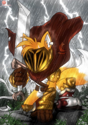 Size: 1700x2400 | Tagged: safe, artist:bluewolfartista, miles "tails" prower, fox, sonic and the black knight, 2019, cape, flower, forest, holding something, knight armor, male, rain, rock, solo, storm, sword, thunder, weapon, wraps