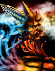 Size: 650x838 | Tagged: safe, artist:nancher, caliburn, sonic the hedgehog, hedgehog, sonic and the black knight, 2009, armor, excalibur sonic, flame, holding something, knight armor, looking at viewer, male, solo, sword, weapon