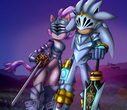 Size: 3000x2600 | Tagged: safe, artist:jerbeardivantart, blaze the cat, silver the hedgehog, cat, hedgehog, sonic and the black knight, 2020, armor, blaze x silver, duo, grass, grass field, hill, holding something, knight armor, looking offscreen, male, nighttime, shipping, sir galahad, sir percival, straight, sword, weapon