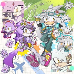 Size: 2048x2048 | Tagged: safe, artist:abandonsea, blaze the cat, silver the hedgehog, cat, hedgehog, 2026, blaze x silver, blushing, camera, clothes, drink, drinking glasses, duo, emoticon, english text, flower, flower in ear, fully clothed, glasses, glasses on head, holding something, looking at viewer, looking back, looking offscreen, male, pants, phone, shipping, shirt, shoes, soda, straight