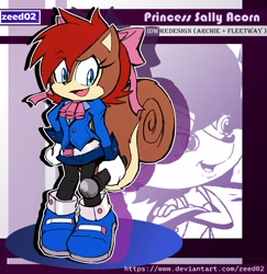 Size: 1418x1459 | Tagged: safe, artist:zeed_02, sally acorn, squirrel, 2026, bowtie, character name, clothes, english text, female, holding something, idw, idw style, looking at viewer, microphone, pose, redesign, solo