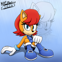 Size: 1800x1800 | Tagged: safe, artist:n0p-matrix, sally acorn, chipmunk, 2026, female, looking at viewer, sally's ringblader outfit, sitting, solo