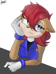 Size: 1080x1411 | Tagged: safe, artist:serenadreamms, sally acorn, chipmunk, 2025, bored, female, looking at offscreen, sally's ringblader outfit, sitting, solo