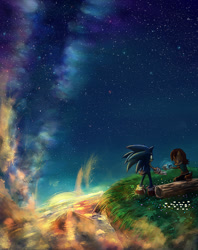 Size: 950x1200 | Tagged: safe, artist:splushmaster12, sally acorn, sonic the hedgehog, chipmunk, hedgehog, 2015, aurora borealis, duo, log, male, mountain, nighttime, sally x sonic, sally's ringblader outfit, shipping, sitting, star (sky), straight