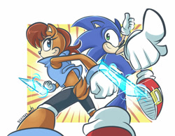 Size: 900x701 | Tagged: safe, artist:sg-karuta, sally acorn, sonic the hedgehog, chipmunk, hedgehog, 2017, duo, electricity, fighting pose, looking at back, looking at viewer, low res, male, pointing, pointing at viewer, pose, sally x sonic, sally's ringblader outfit, shipping, straight