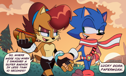 Size: 2480x1500 | Tagged: safe, artist:kitarehamakura, sally acorn, sonic the hedgehog, chipmunk, hedgehog, 2022, alternate universe, au:freedom swap, chili dog, dialogue, duo, english text, food, holding hands, holding something, hot dog, looking at each other, male, sally x sonic, shipping, speech bubble, straight, sun, sunset, walking