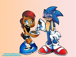 Size: 4000x3000 | Tagged: safe, artist:tvict101, sally acorn, sonic the hedgehog, chipmunk, hedgehog, 2016, bowl, burnt food, cookie, duo, eating, food, hand on forehead, holding something, male, polka-dots background, sally x sonic, sally's ringblader outfit, shipping, shocked, simple background, standing, straight, tears