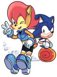 Size: 661x891 | Tagged: safe, artist:waniramirez, sally acorn, sonic the hedgehog, chipmunk, hedgehog, 2014, duo, dust, looking at them, looking at viewer, male, open smile, pose, running, sally x sonic, sally's ringblader outfit, shipping, simple background, smile, smiling at viewer, straight, v sign, white background, wink