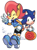 Size: 661x891 | Tagged: safe, artist:waniramirez, sally acorn, sonic the hedgehog, chipmunk, hedgehog, 2014, duo, dust, female, looking at them, looking at viewer, male, mouth open, open smile, pose, running, sally x sonic, sally's ringblader outfit, shipping, simple background, smile, smiling at viewer, straight, v sign, white background, wink, winking at viewer
