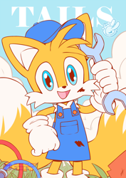 Size: 1000x1414 | Tagged: safe, artist:inosagi, miles "tails" prower, fox, cap, character name, clothes, clouds, hat, holding something, looking at viewer, male, mouth open, open smile, smile, smiling at viewer, solo, watermark, wrench