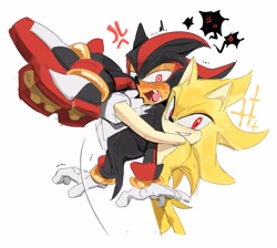 Size: 4096x3671 | Tagged: safe, artist:guitar_00000001, shadow the hedgehog, sonic the hedgehog, 2026, angry, blushing, carrying them, cross popping vein, duo, gay, lifting them, looking at viewer, mouth open, shadow x sonic, shipping, simple background, smile, standing, white background
