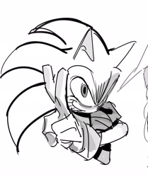 Size: 1710x2048 | Tagged: safe, artist:guitar_00000001, sonic the hedgehog, 2026, greyscale, grin, looking at viewer, monochrome, simple background, smile, solo, white background