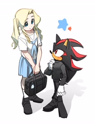 Size: 3128x4096 | Tagged: safe, artist:guitar_00000001, maria robotnik, shadow the hedgehog, chao, human, 2026, alternate hairstyle, alternate outfit, alternate shoes, bag, blushing, charm, duo, grey background, hero chao, holding something, looking at them, school uniform, shadow (lighting), shirt, simple background, skirt, smile, standing, star (symbol), twintails