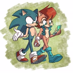Size: 2048x2048 | Tagged: safe, artist:jadepesky, nicole the handheld, sally acorn, sonic the hedgehog, chipmunk, hedgehog, 2023, abstract background, duo, grin, holding something, looking at something, male, sally x sonic, sally's vest and boots, shipping, smile, straight, walking