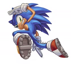 Size: 1819x1640 | Tagged: safe, artist:jadepesky, sonic the hedgehog, hedgehog, 2026, grin, looking at viewer, looking back, male, pose, running, simple background, smile, smiling at viewer, solo, white background