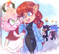 Size: 2048x1892 | Tagged: safe, artist:gummierat, amy rose, sally acorn, shadow the hedgehog, sonic the hedgehog, chipmunk, hedgehog, 2024, amy x shadow, bag, clothes, daytime, dress, duo focus, friendship, fully clothed, holding something, jacket, looking at each other, looking at them, male, open smile, quartet, sally x sonic, scarf, shipping, shopping, shopping bag, smile, smiling at each other, straight, walking, winter outfit