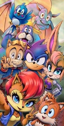 Size: 2102x4096 | Tagged: safe, artist:toxicchudartist, antoine d'coolette, bunnie rabbot, dulcy the dragon, miles "tails" prower, rotor walrus, sally acorn, sonic the hedgehog, bird, chipmunk, coyote, fox, hedgehog, rabbit, walrus, 2026, daytime, dragon, female, group, group picture, group selfie, literal animal, looking at viewer, male, roboticized, sally's vest and boots, selfie, smile, smiling at viewer, sonic satam, v sign