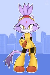 Size: 1365x2048 | Tagged: safe, artist:kyoedition, blaze the cat, cat, alternate outfit, city, cityscape, female, frown, gameoverse, kit bodega (gameoverse), outline, solo, white outline