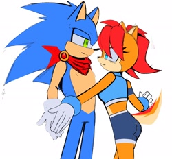 Size: 2048x1902 | Tagged: safe, artist:sora_drawing_0, sally acorn, sonic the hedgehog, chipmunk, hedgehog, 2023, duo, female, looking at each other, male, sally x sonic, sally's ringblader outfit, scarf, shipping, simple background, smile, smiling at each other, standing, straight, white background