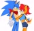 Size: 2048x1902 | Tagged: safe, artist:sora_drawing_0, sally acorn, sonic the hedgehog, chipmunk, hedgehog, 2023, duo, female, looking at each other, male, sally x sonic, sally's ringblader outfit, scarf, shipping, simple background, smile, smiling at each other, standing, straight, white background