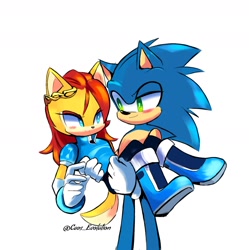 Size: 1662x1671 | Tagged: safe, artist:caos_evolution, artist:sora_drawing_0, sally acorn, sonic the hedgehog, chipmunk, hedgehog, 2021, blushing, carrying them, cute, duo, looking at each other, male, sally x sonic, sally's ringblader outfit, shipping, simple background, smile, smiling at each other, standing, straight, tiara, white background