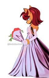 Size: 657x1024 | Tagged: safe, artist:caos_evolution, artist:sora_drawing_0, sally acorn, chipmunk, 2022, blushing, bouquet, clothes, female, flower, flower bouquet, holding something, looking at viewer, looking back, looking back at viewer, rose, simple background, solo, standing, wedding dress, white background
