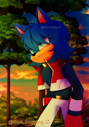 Size: 1444x2048 | Tagged: safe, artist:sora_drawing_0, oc, oc:scoot acorn (sora drawing 0), hedgehog, 2024, afternoon, bush, clothes, clouds, fankid, flower, fully clothed, looking offscreen, male, oc only, outdoors, parent:sally, parent:sonic, parents:sonally, redesign, solo, teenager, tree, walking, watermark