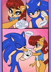 Size: 1448x2048 | Tagged: safe, artist:gummierat, sally acorn, sonic the hedgehog, chipmunk, hedgehog, 2026, abstract background, blushing, dialogue, duo, english text, eyes closed, hand on another's mouth, kiss, kiss on hand, looking at each other, male, redraw, sally x sonic, sally's vest and boots, shipping, smile, smiling at each other, speech bubble, straight