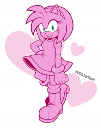 Size: 1545x1948 | Tagged: safe, artist:enn_luigi07, amy rose, hedgehog, female, hand on hip, heart background, looking at viewer, mouth open, open smile, outline, smile, smiling at viewer, solo, watermark, white outline