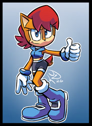 Size: 880x1200 | Tagged: safe, artist:jaziferret, sally acorn, chipmunk, 2026, female, gradient background, looking at viewer, outline, redraw, sally's ringblader outfit, smile, smiling at viewer, solo, standing, thumbs up, white outline